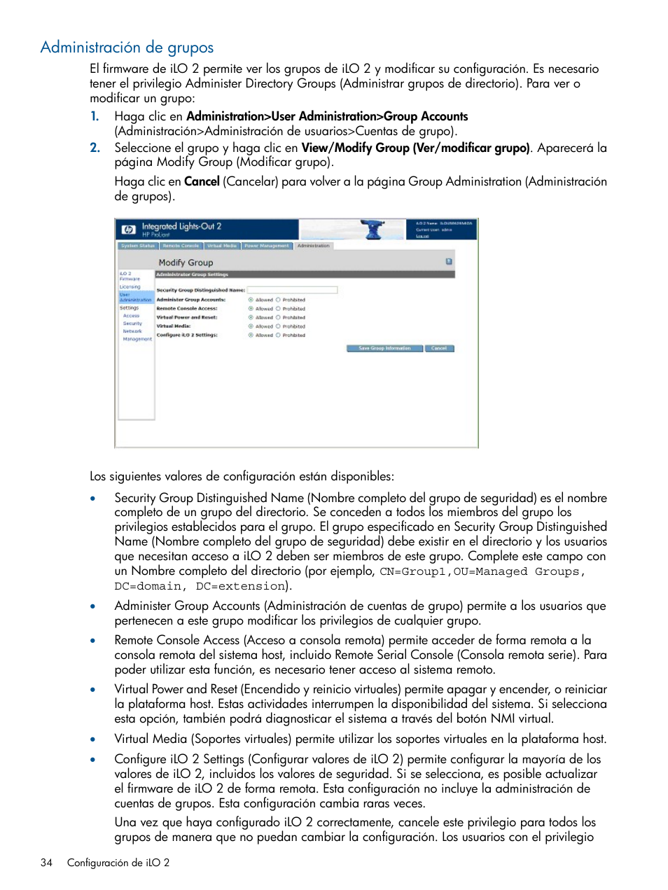 Administración de grupos | HP Integrated Lights-Out 2 User Manual | Page 34 / 250