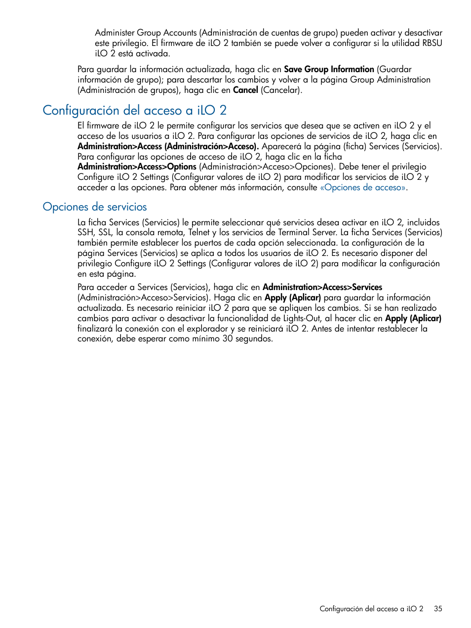 Configuración del acceso a ilo 2, Opciones de servicios | HP Integrated Lights-Out 2 User Manual | Page 35 / 250