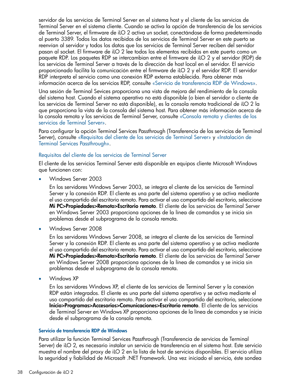 Servicio de transferencia rdp de windows | HP Integrated Lights-Out 2 User Manual | Page 38 / 250