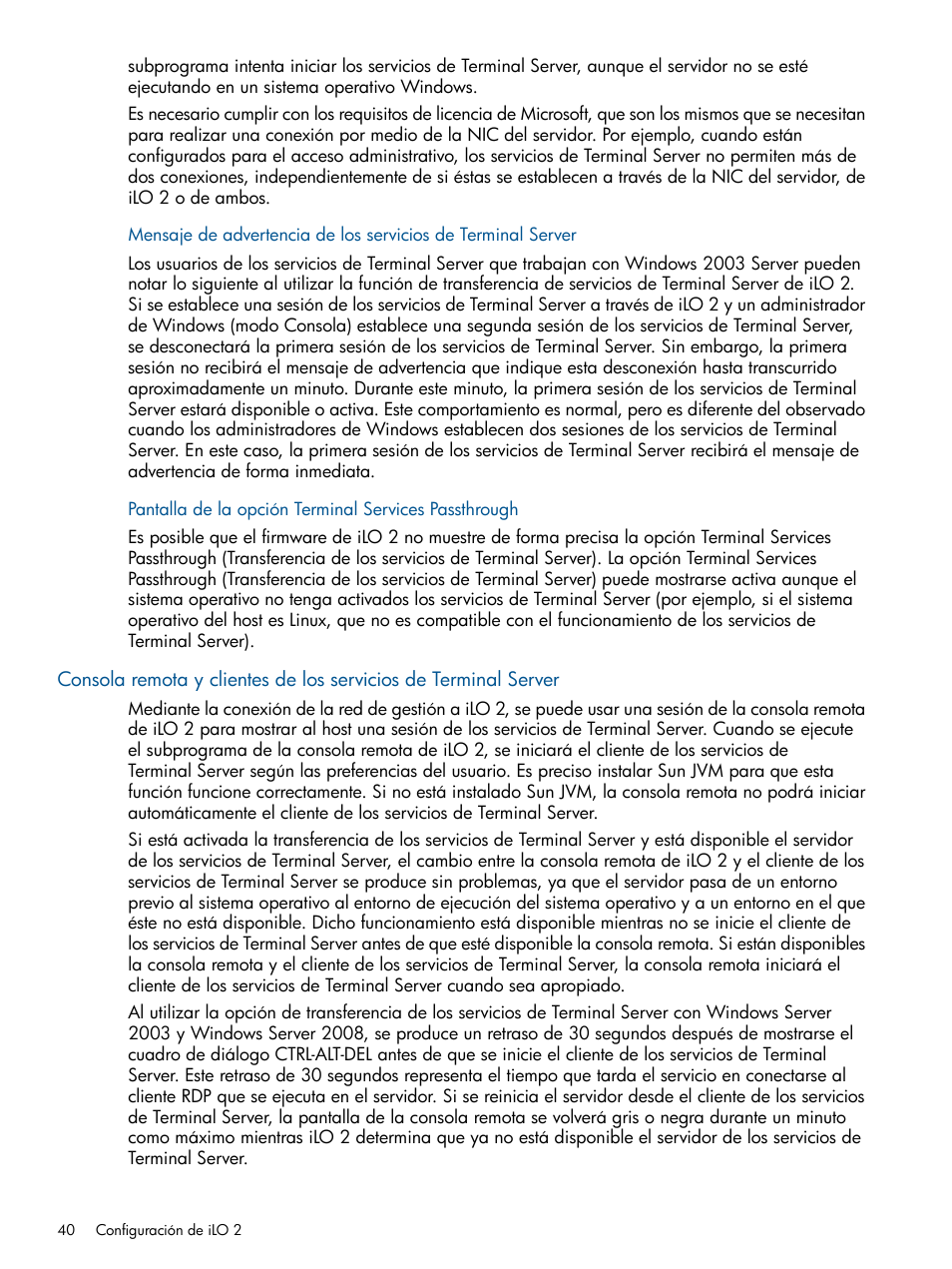 Consola remota y clientes de los, Servicios de terminal server | HP Integrated Lights-Out 2 User Manual | Page 40 / 250