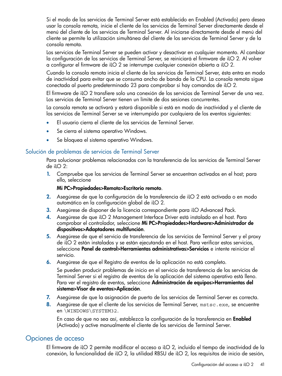 Opciones de acceso | HP Integrated Lights-Out 2 User Manual | Page 41 / 250