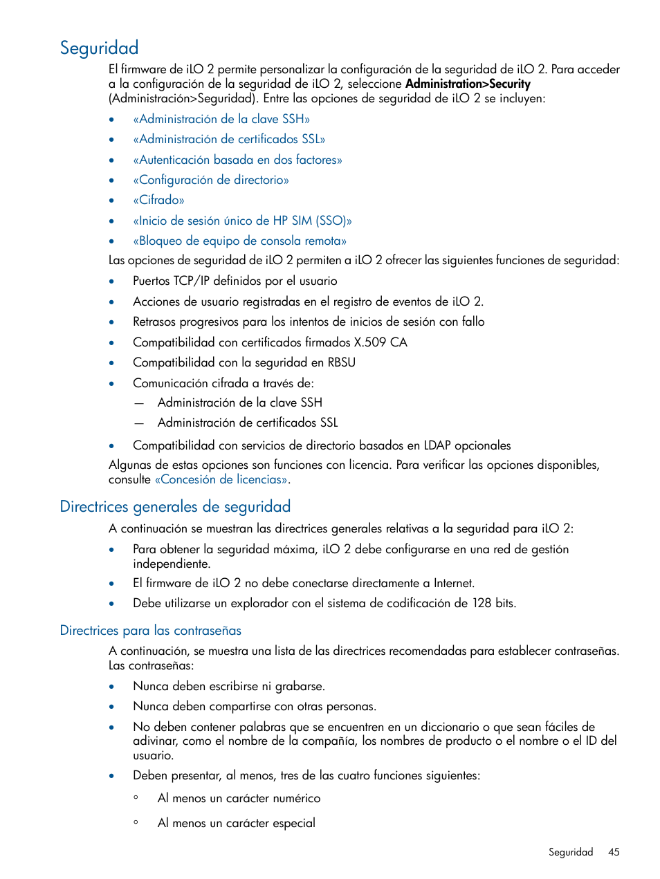 Seguridad, Directrices generales de seguridad, Directrices para las contraseñas | HP Integrated Lights-Out 2 User Manual | Page 45 / 250