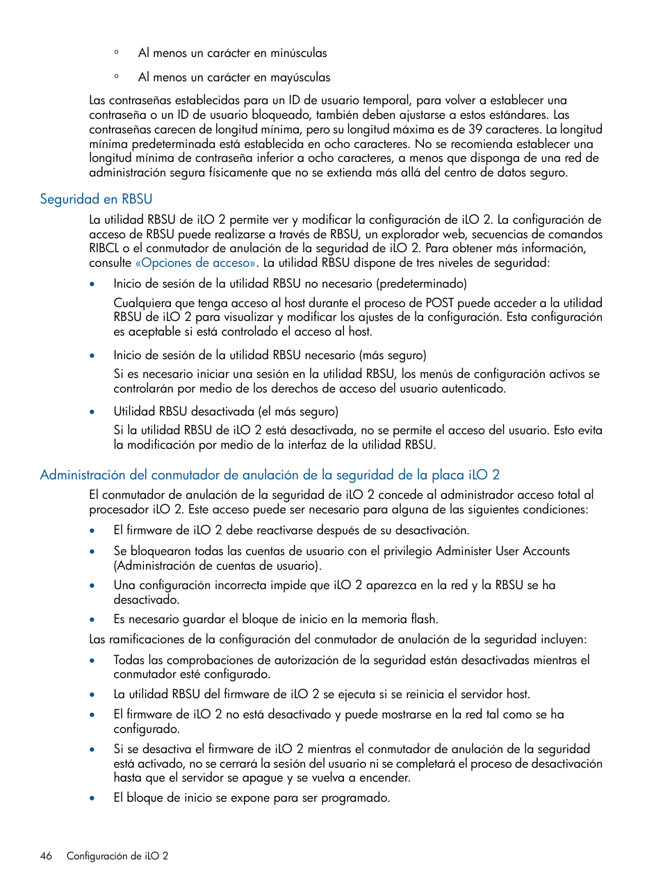 Seguridad en rbsu, Administración | HP Integrated Lights-Out 2 User Manual | Page 46 / 250