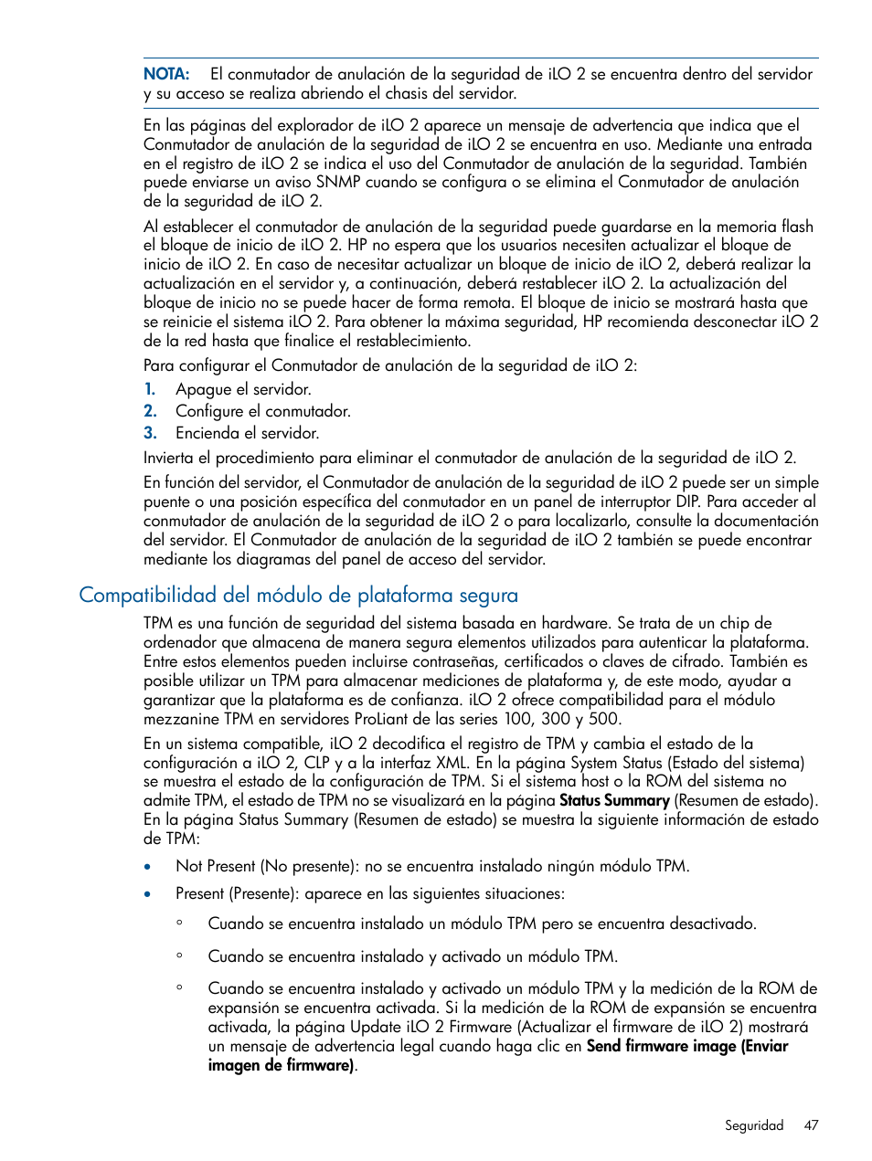 Compatibilidad del módulo de plataforma segura | HP Integrated Lights-Out 2 User Manual | Page 47 / 250