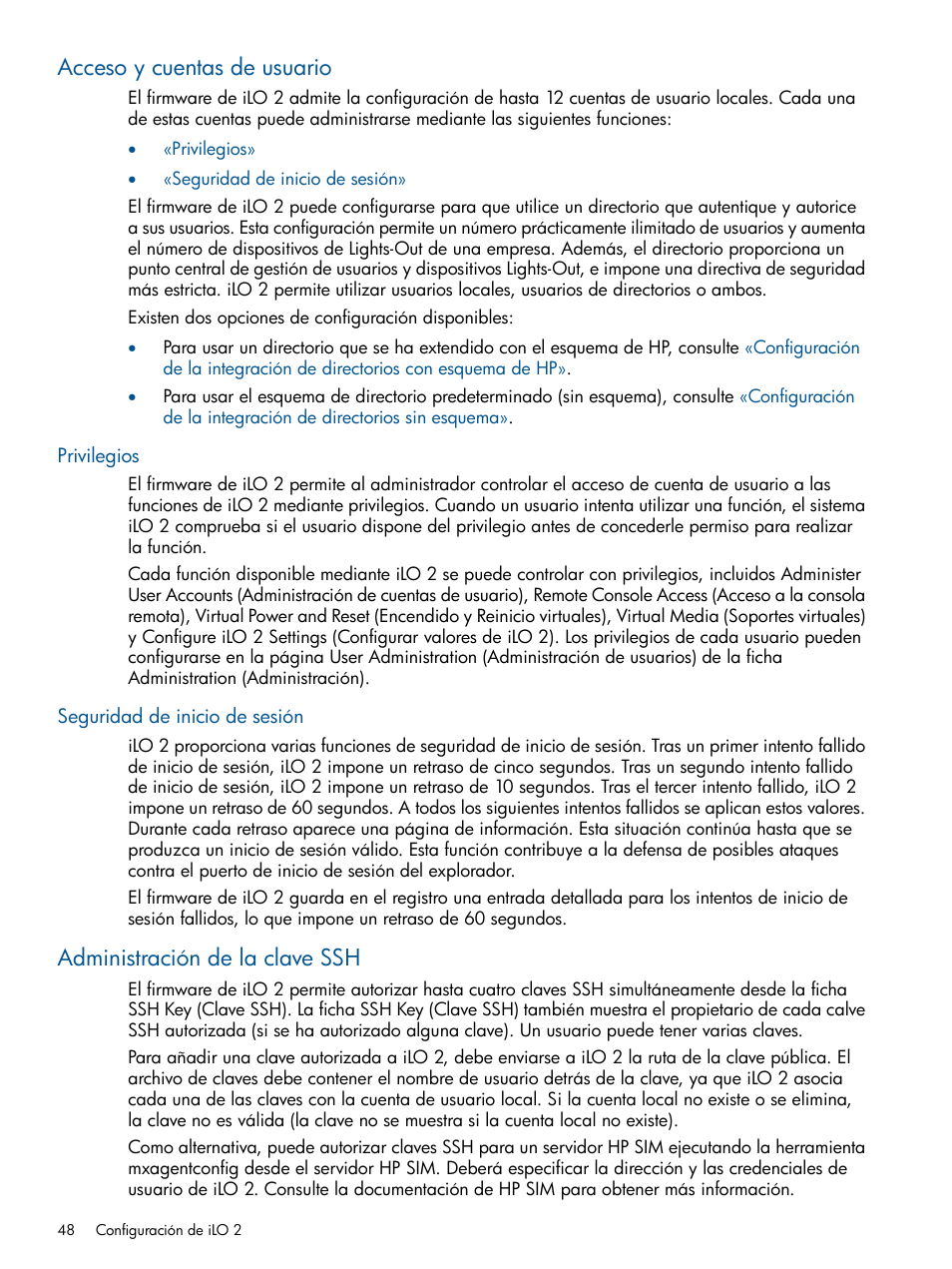 Acceso y cuentas de usuario, Privilegios, Seguridad de inicio de sesión | Administración de la clave ssh, Privilegios seguridad de inicio de sesión | HP Integrated Lights-Out 2 User Manual | Page 48 / 250