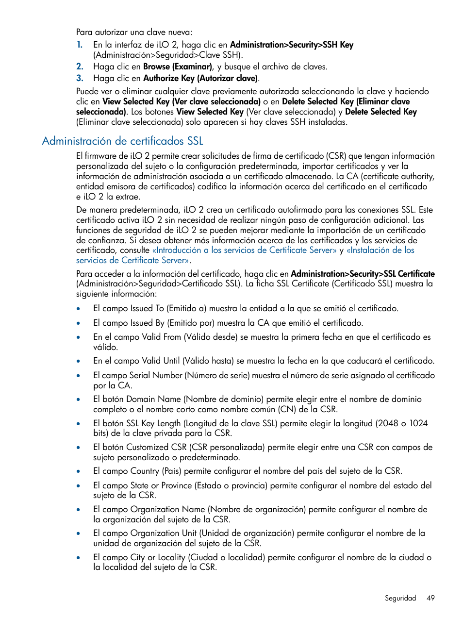 Administración de certificados ssl | HP Integrated Lights-Out 2 User Manual | Page 49 / 250