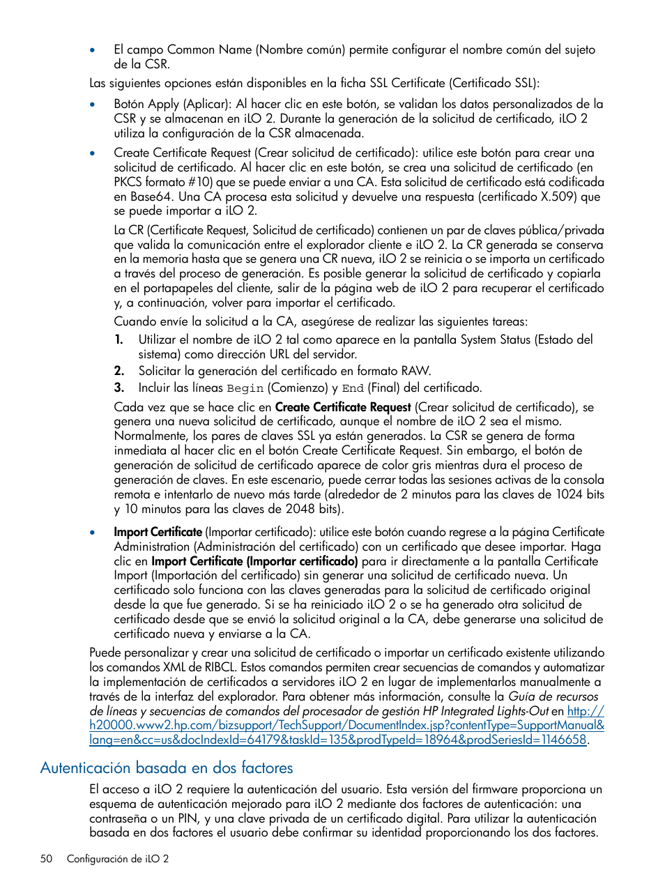 Autenticación basada en dos factores | HP Integrated Lights-Out 2 User Manual | Page 50 / 250