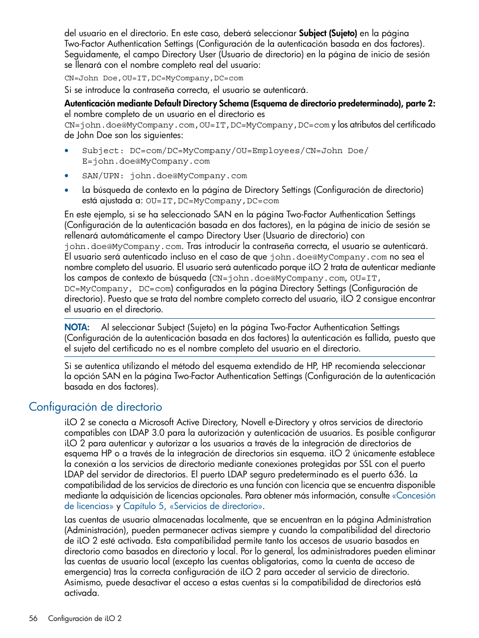 Configuración de directorio, Configuración, De directorio | HP Integrated Lights-Out 2 User Manual | Page 56 / 250