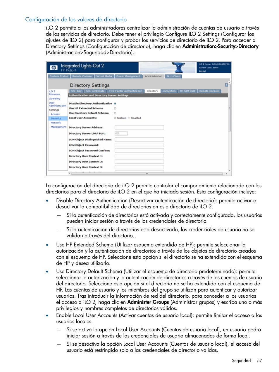 Configuración de los valores de directorio | HP Integrated Lights-Out 2 User Manual | Page 57 / 250