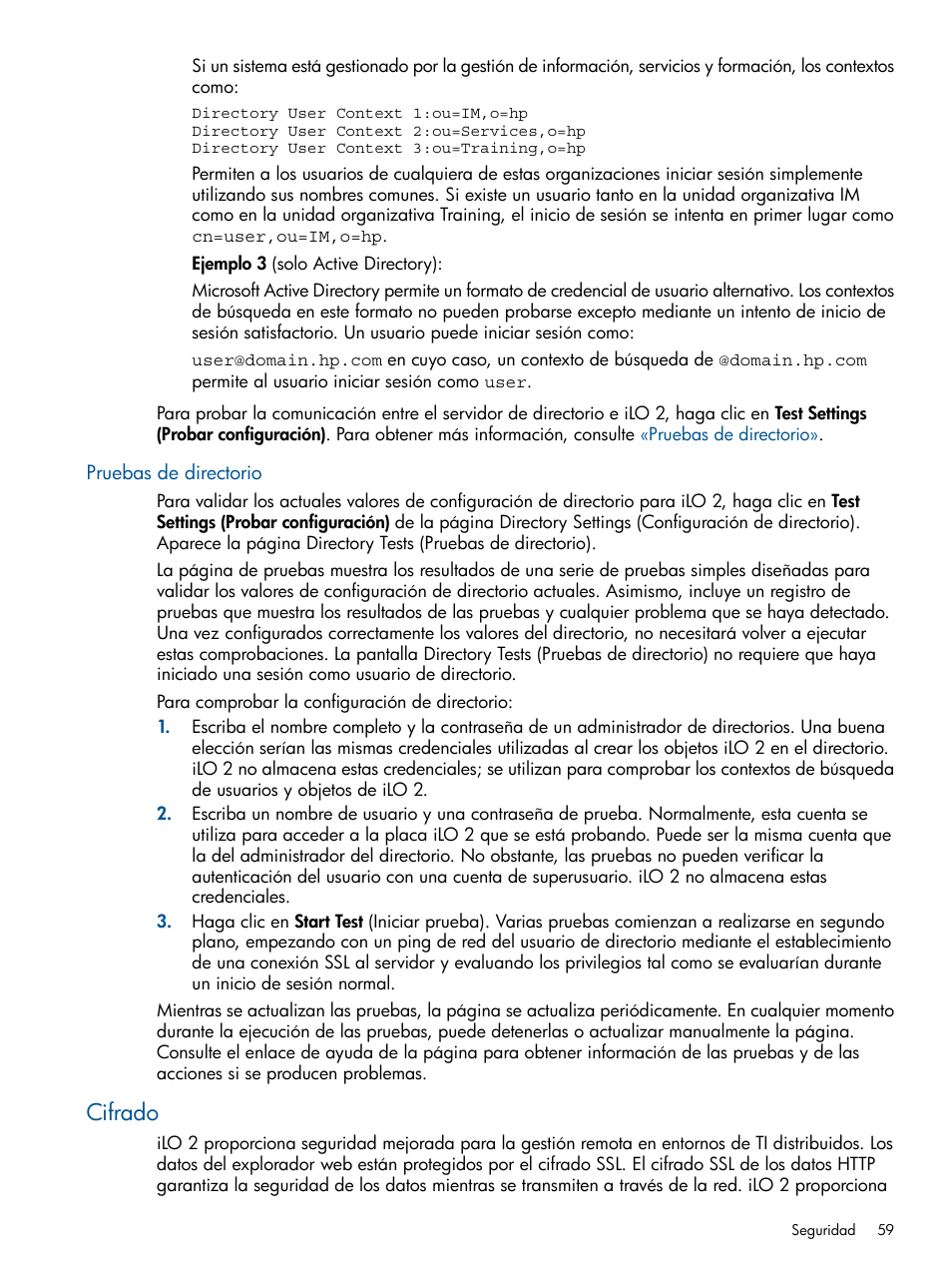 Pruebas de directorio, Cifrado | HP Integrated Lights-Out 2 User Manual | Page 59 / 250