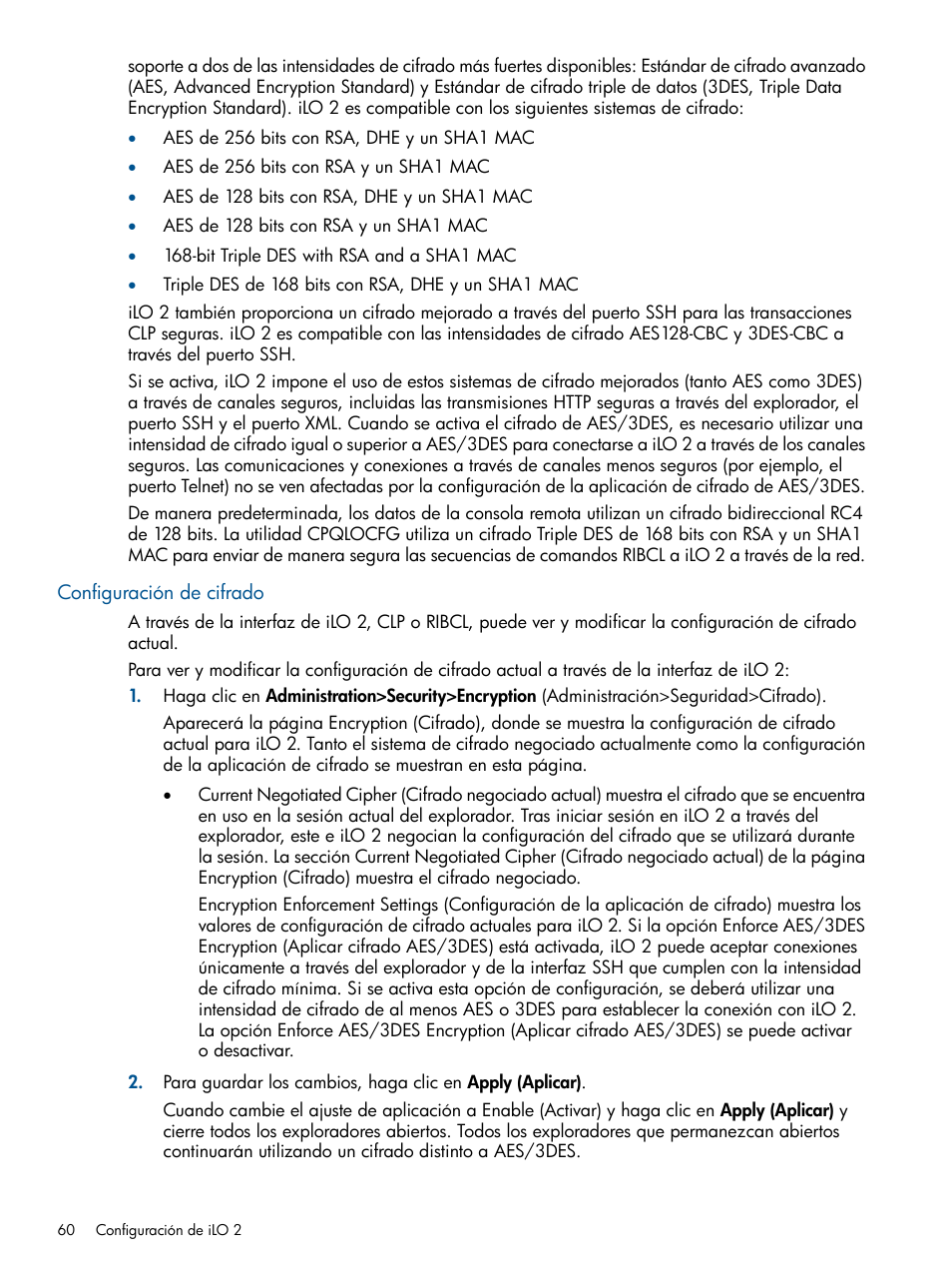 Configuración de cifrado | HP Integrated Lights-Out 2 User Manual | Page 60 / 250