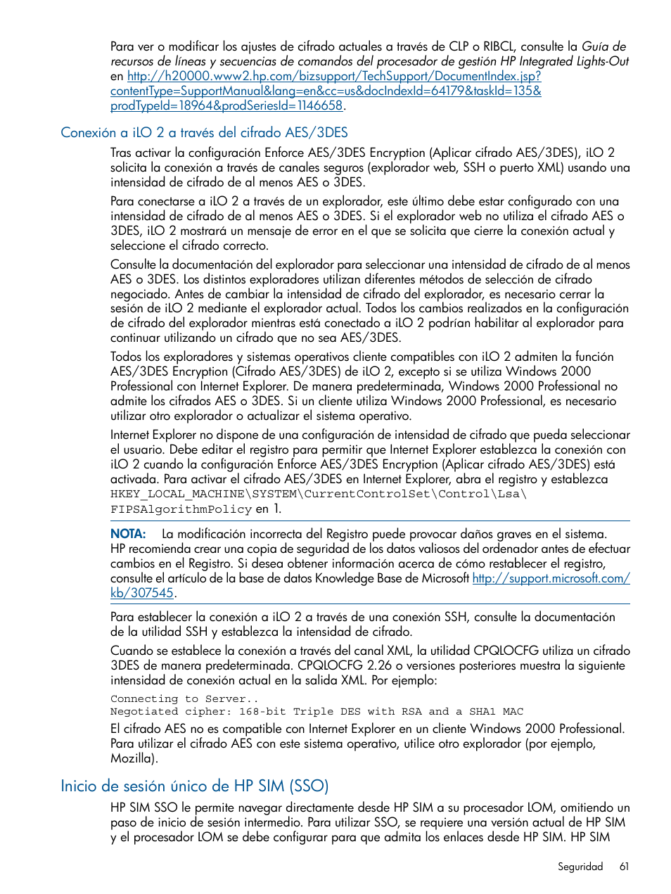 Conexión a ilo 2 a través del cifrado aes/3des, Inicio de sesión único de hp sim (sso) | HP Integrated Lights-Out 2 User Manual | Page 61 / 250