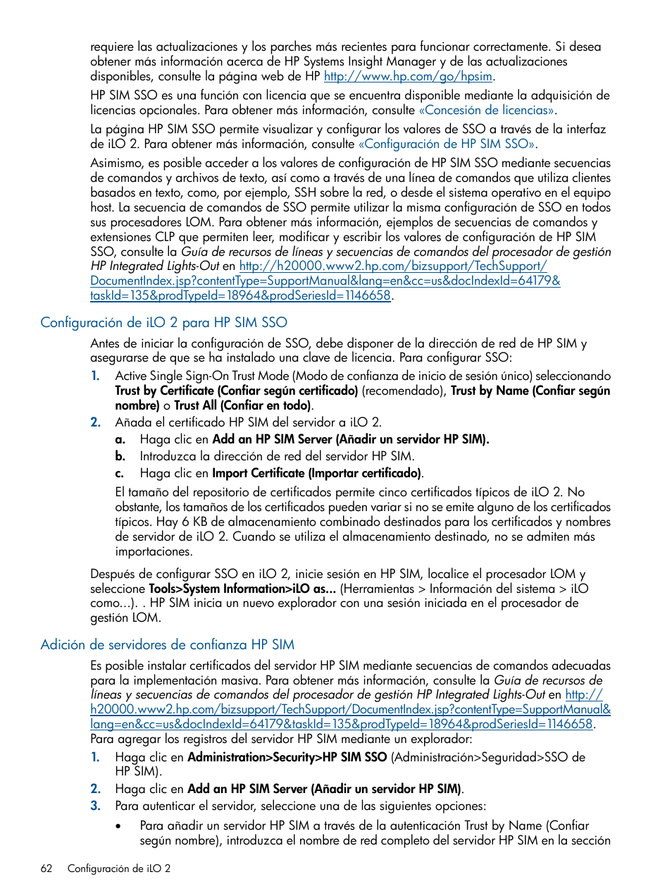 Configuración de ilo 2 para hp sim sso, Adición de servidores de confianza hp sim | HP Integrated Lights-Out 2 User Manual | Page 62 / 250