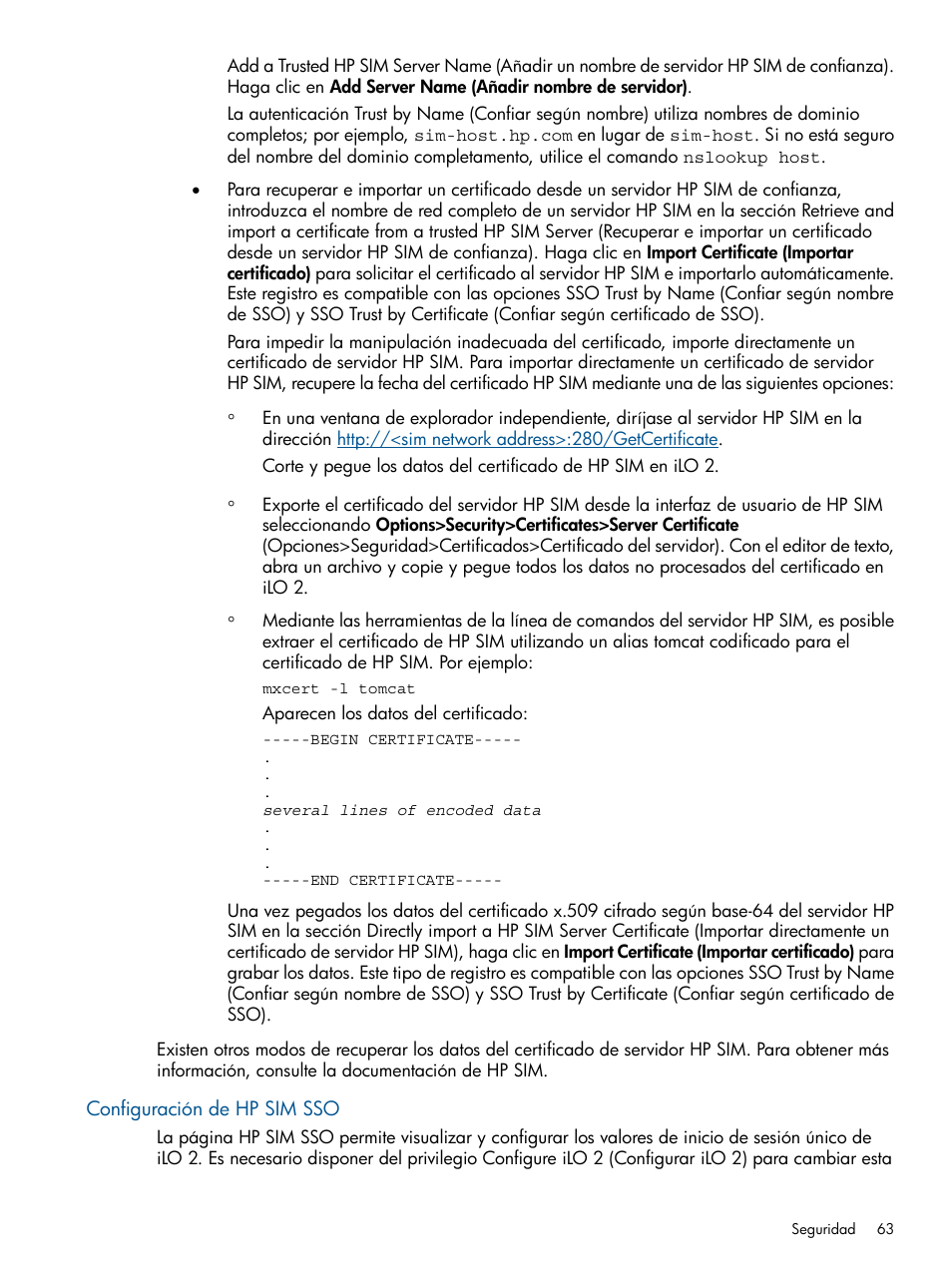 Configuración de hp sim sso | HP Integrated Lights-Out 2 User Manual | Page 63 / 250