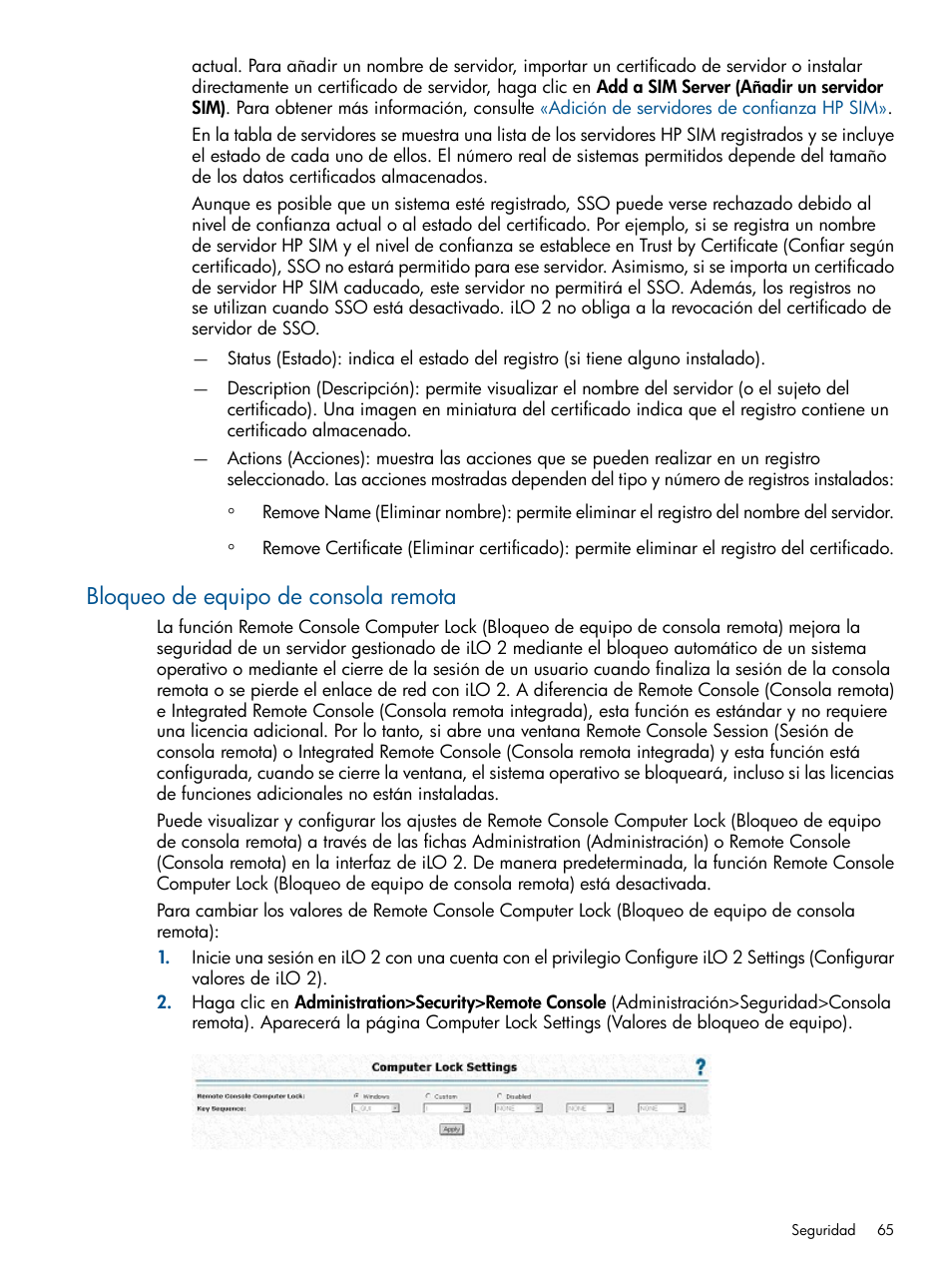 Bloqueo de equipo de consola remota | HP Integrated Lights-Out 2 User Manual | Page 65 / 250