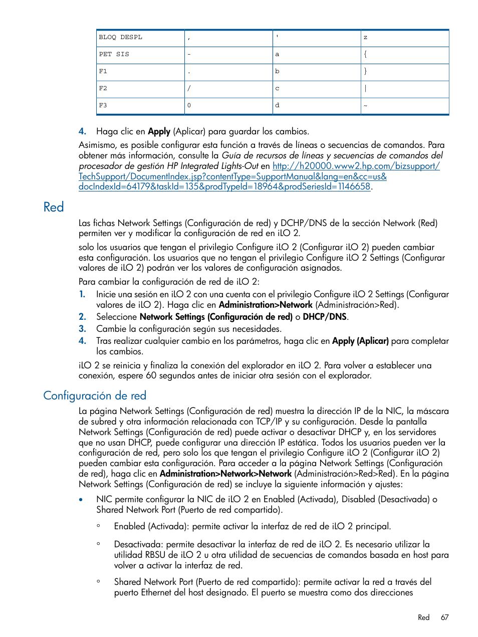 Configuración de red | HP Integrated Lights-Out 2 User Manual | Page 67 / 250