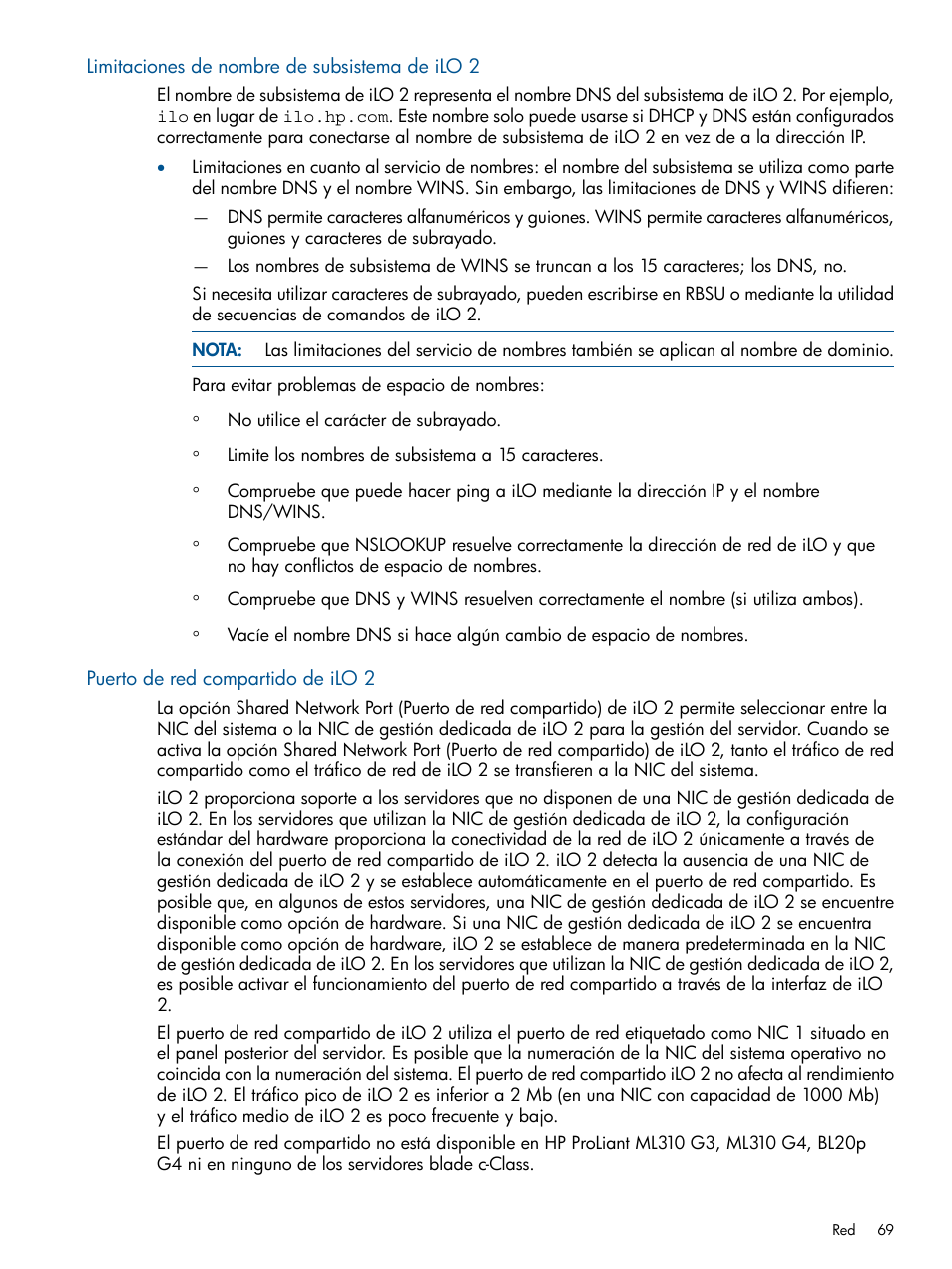 Limitaciones de nombre de subsistema de ilo 2, Puerto de red compartido de ilo 2 | HP Integrated Lights-Out 2 User Manual | Page 69 / 250