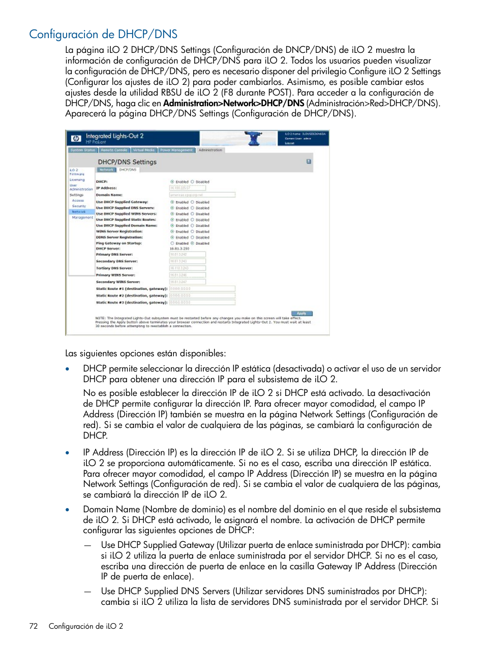 Configuración de dhcp/dns | HP Integrated Lights-Out 2 User Manual | Page 72 / 250