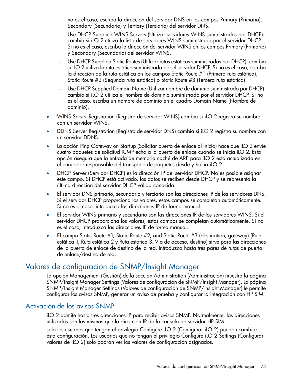 Valores de configuración de snmp/insight manager, Activación de los avisos snmp | HP Integrated Lights-Out 2 User Manual | Page 73 / 250