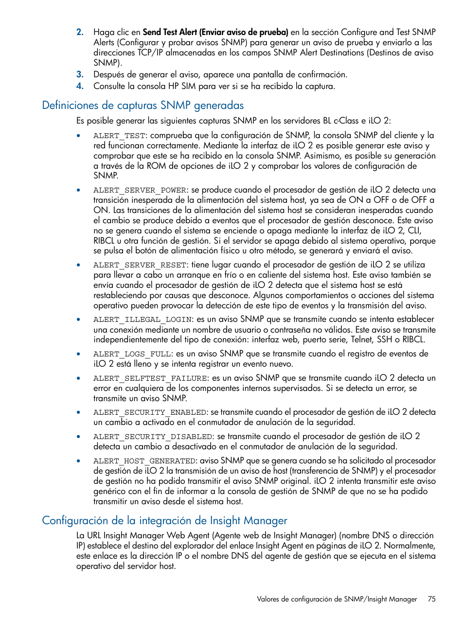 Definiciones de capturas snmp generadas, Configuración de la integración de insight manager | HP Integrated Lights-Out 2 User Manual | Page 75 / 250