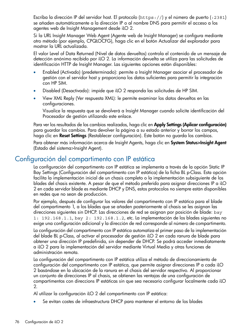 Configuración del compartimento con ip estática | HP Integrated Lights-Out 2 User Manual | Page 76 / 250