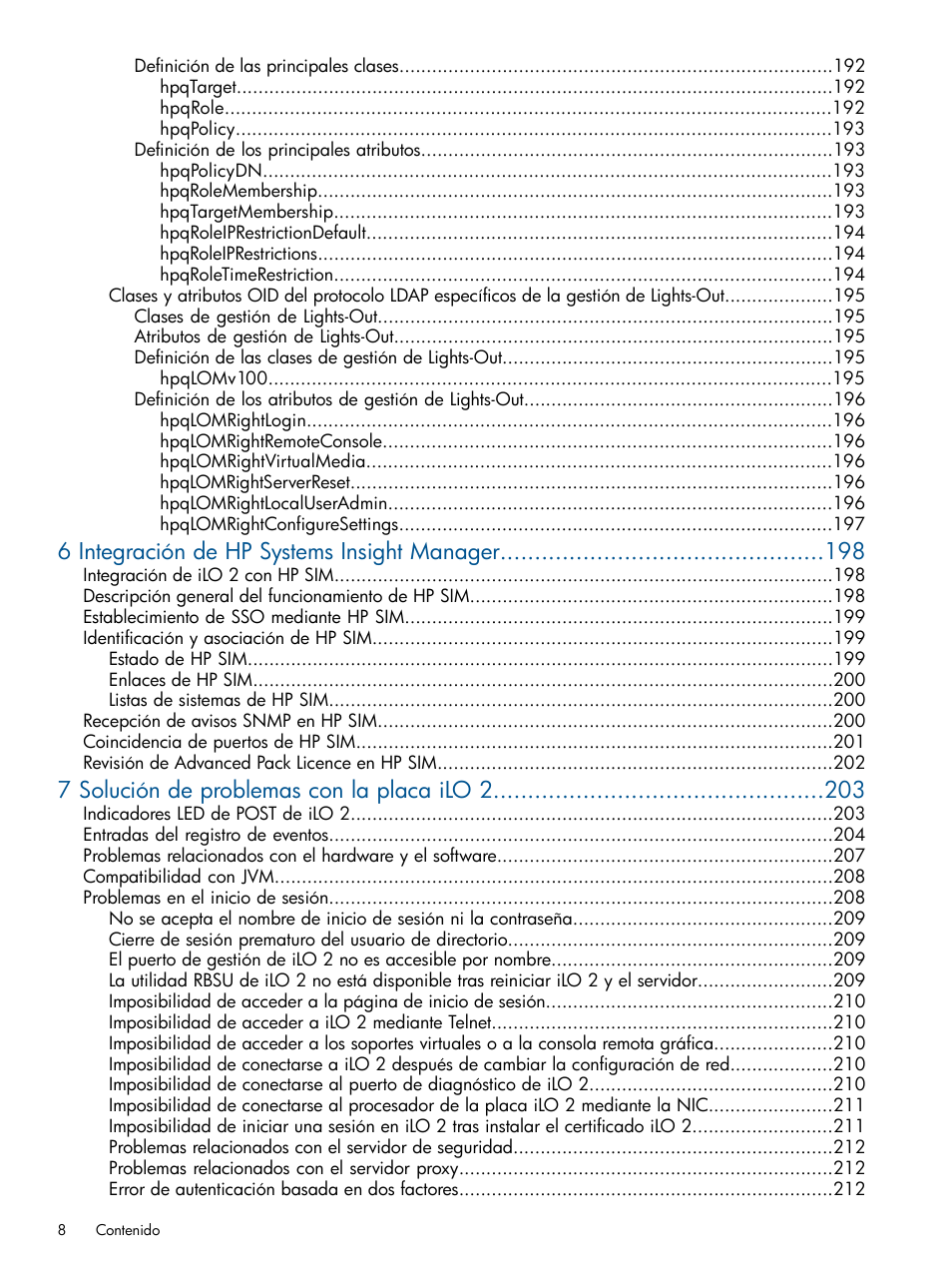 6 integración de hp systems insight manager, 7 solución de problemas con la placa ilo 2 | HP Integrated Lights-Out 2 User Manual | Page 8 / 250