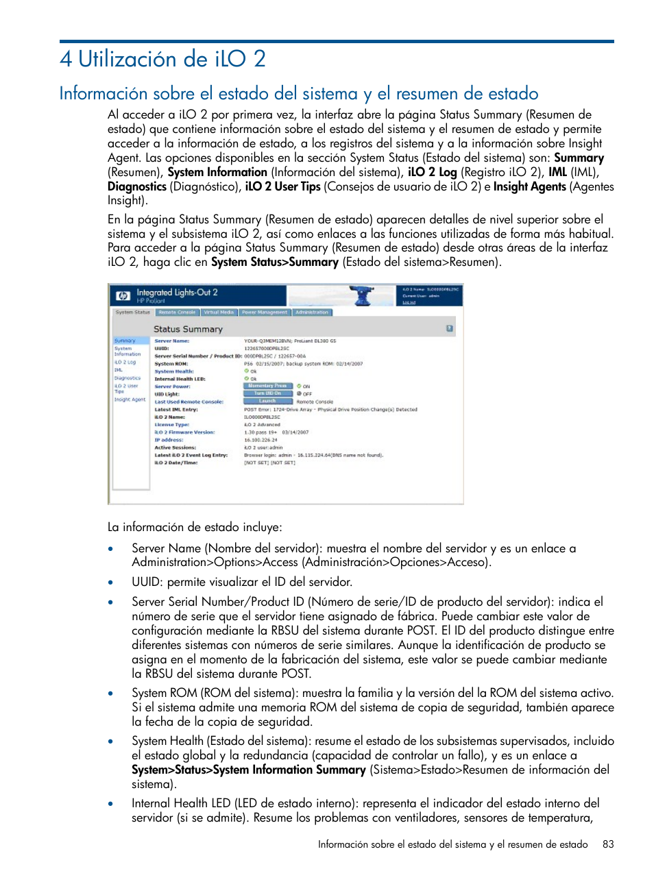 4 utilización de ilo 2, Capítulo 4, «utilización de, Ilo 2 | HP Integrated Lights-Out 2 User Manual | Page 83 / 250