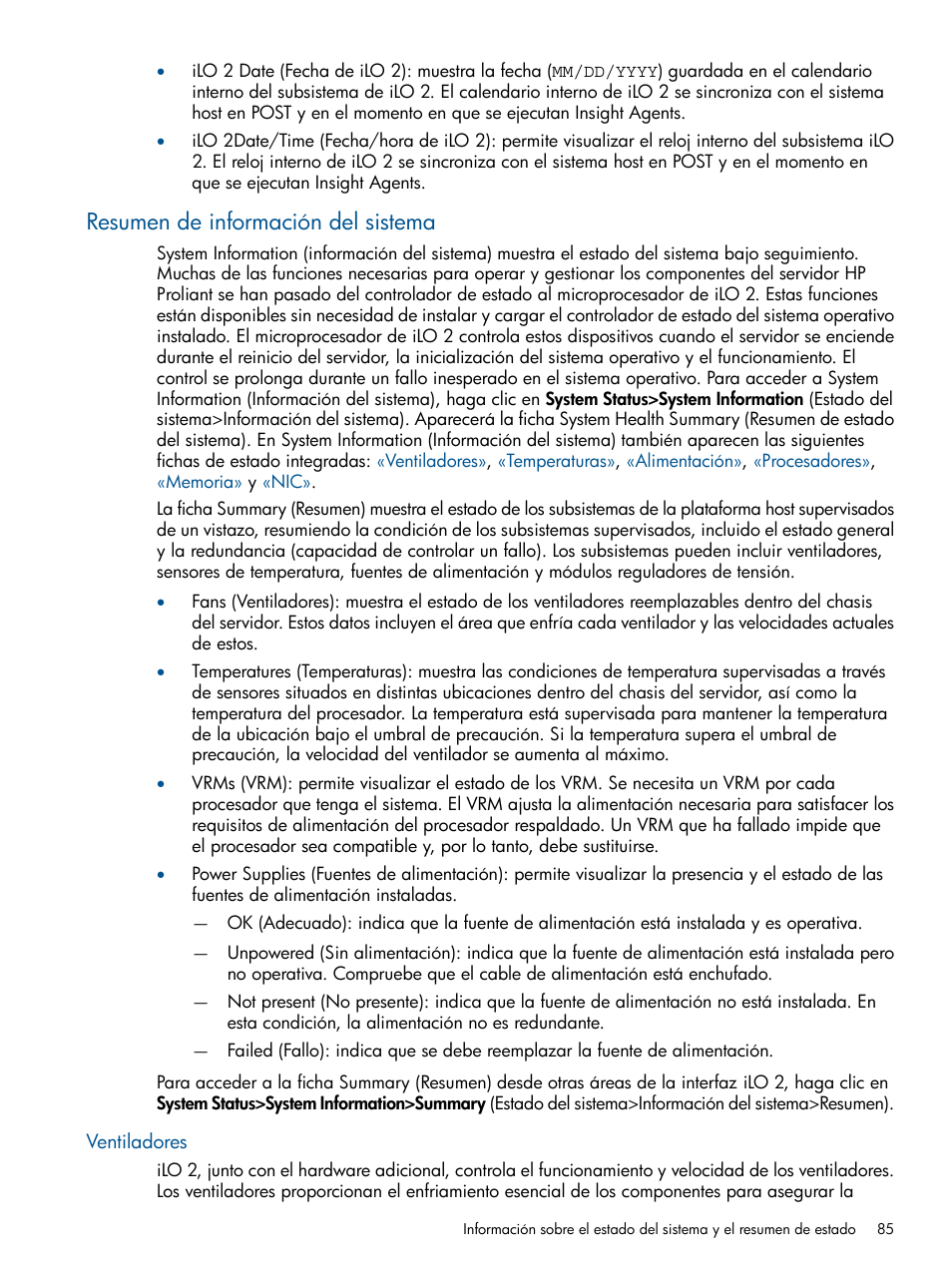 Resumen de información del sistema, Ventiladores | HP Integrated Lights-Out 2 User Manual | Page 85 / 250