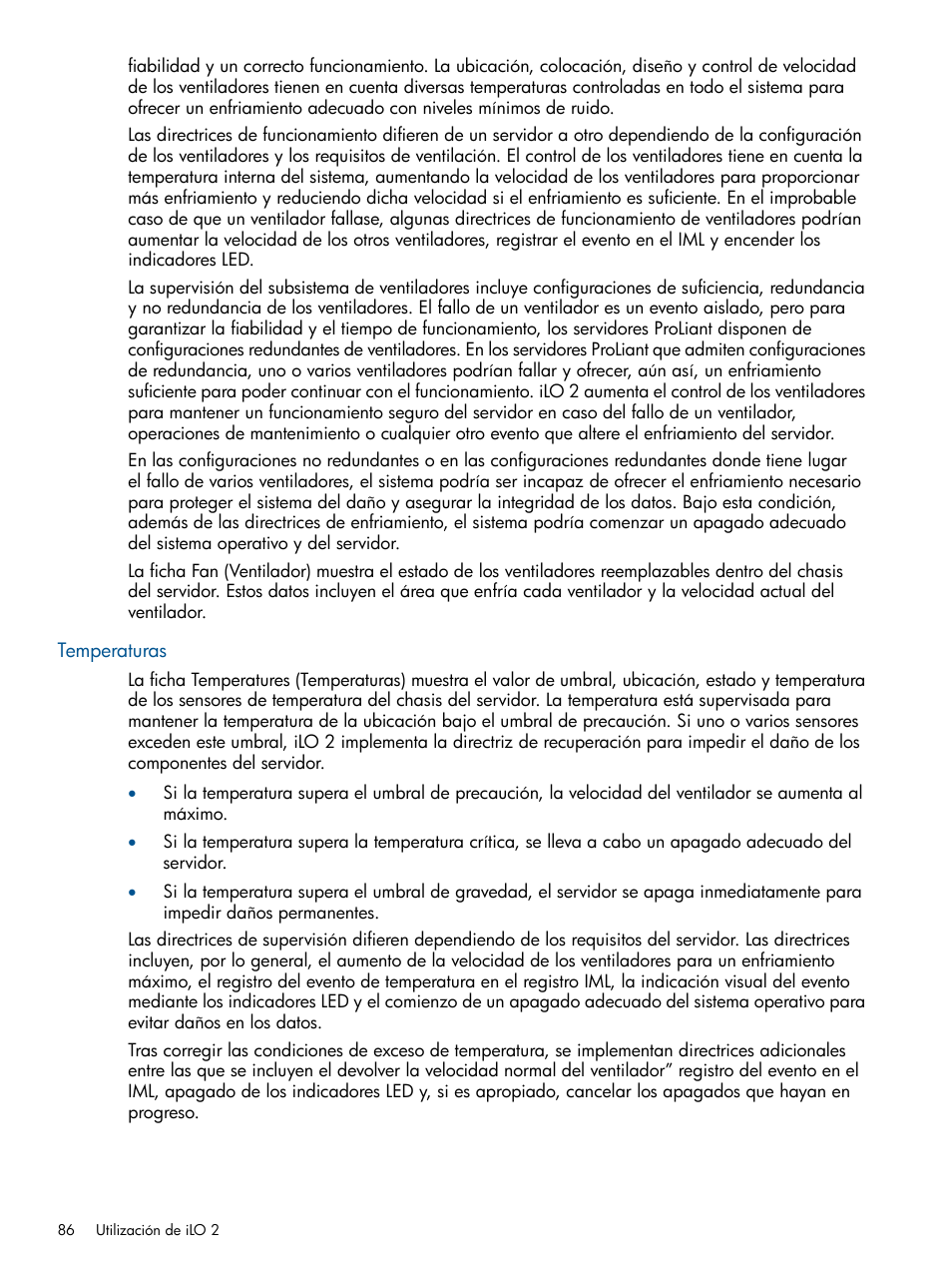 Temperaturas | HP Integrated Lights-Out 2 User Manual | Page 86 / 250