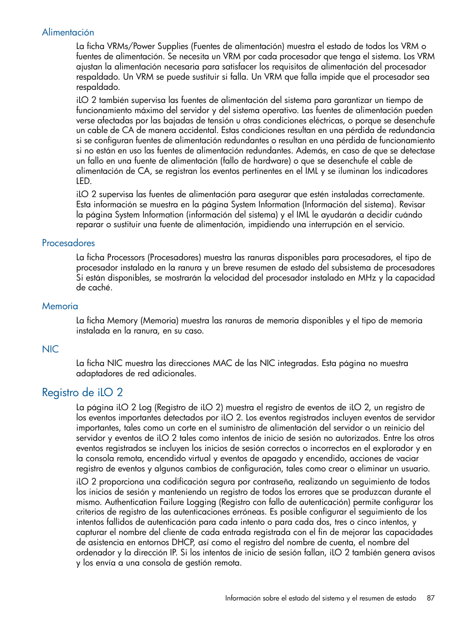 Alimentación, Procesadores, Memoria | Registro de ilo 2, Alimentación procesadores memoria nic | HP Integrated Lights-Out 2 User Manual | Page 87 / 250