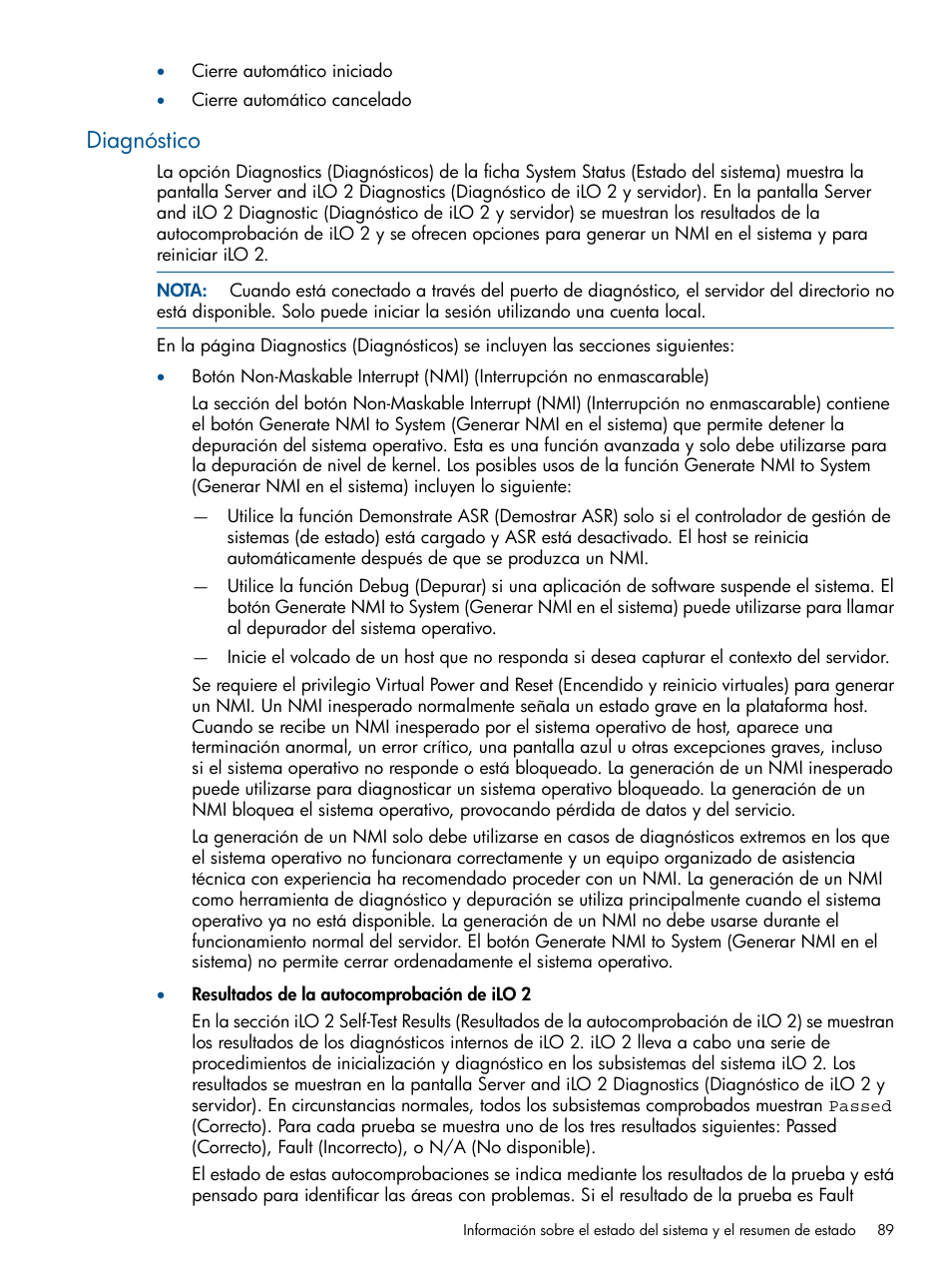 Diagnóstico | HP Integrated Lights-Out 2 User Manual | Page 89 / 250