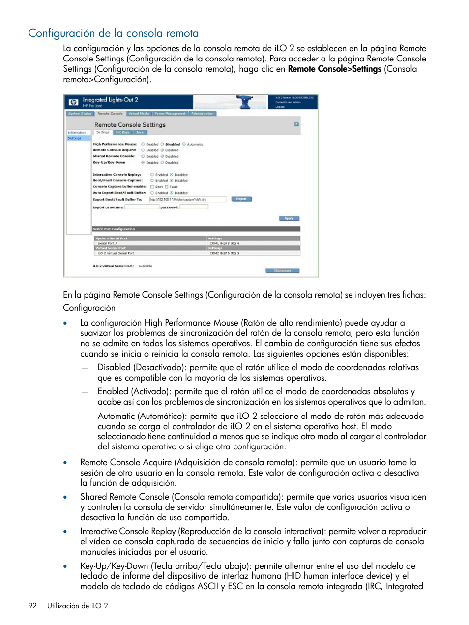 Configuración de la consola remota | HP Integrated Lights-Out 2 User Manual | Page 92 / 250