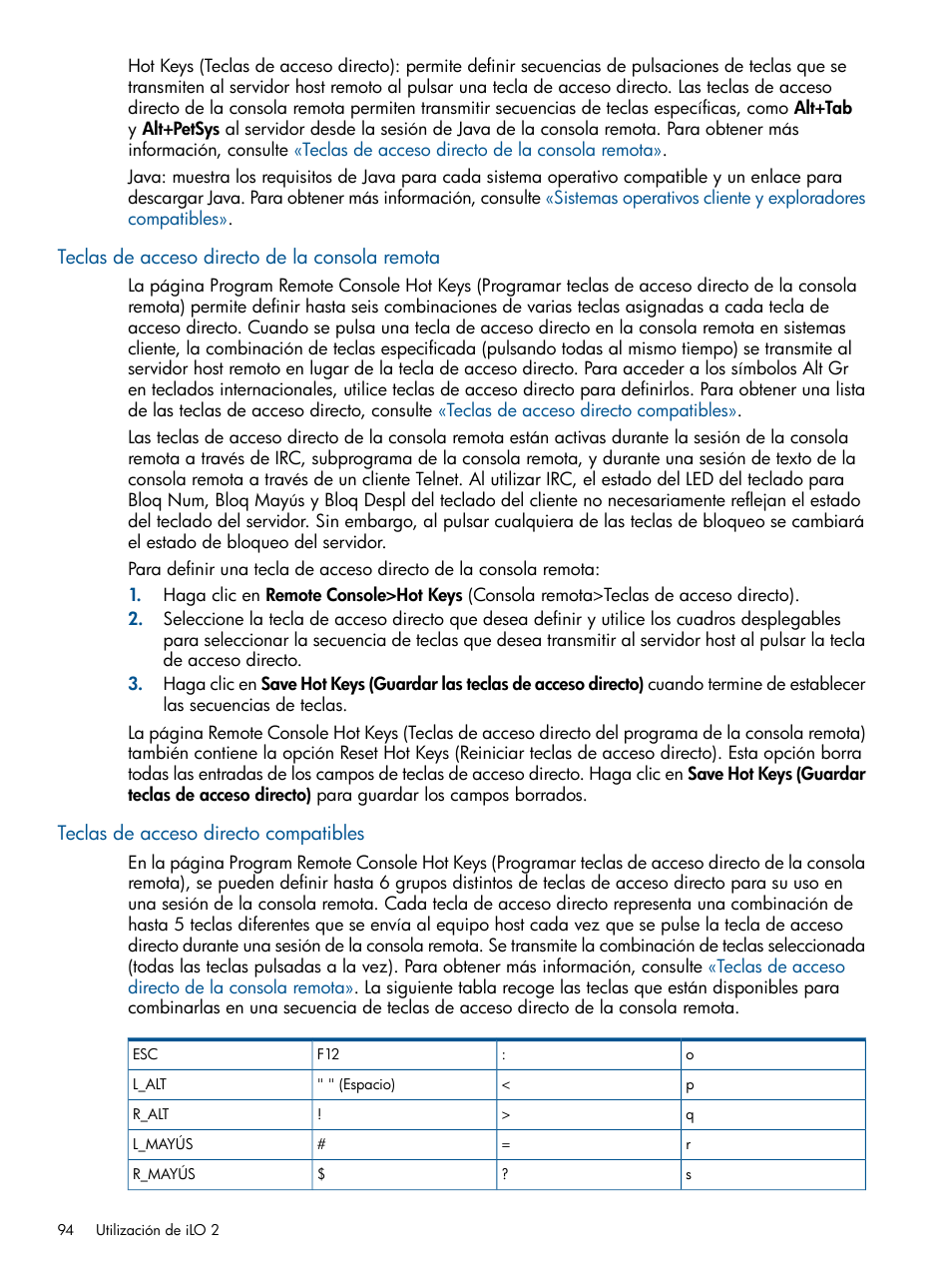 Teclas de acceso directo de la consola remota, Teclas de acceso directo compatibles | HP Integrated Lights-Out 2 User Manual | Page 94 / 250