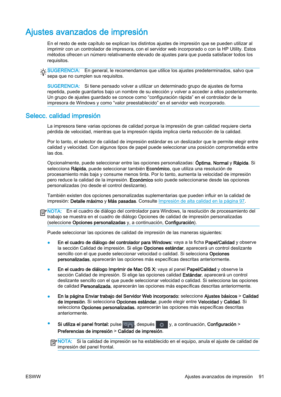 Ajustes avanzados de impresión, Selecc. calidad impresión | HP eMFP HP Designjet serie T2500 User Manual | Page 101 / 322