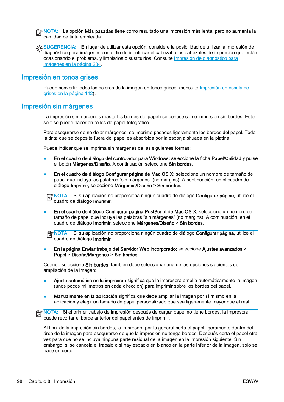 Impresión en tonos grises, Impresión sin márgenes | HP eMFP HP Designjet serie T2500 User Manual | Page 108 / 322