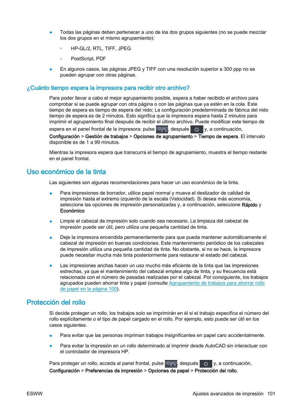 Uso económico de la tinta, Protección del rollo | HP eMFP HP Designjet serie T2500 User Manual | Page 111 / 322