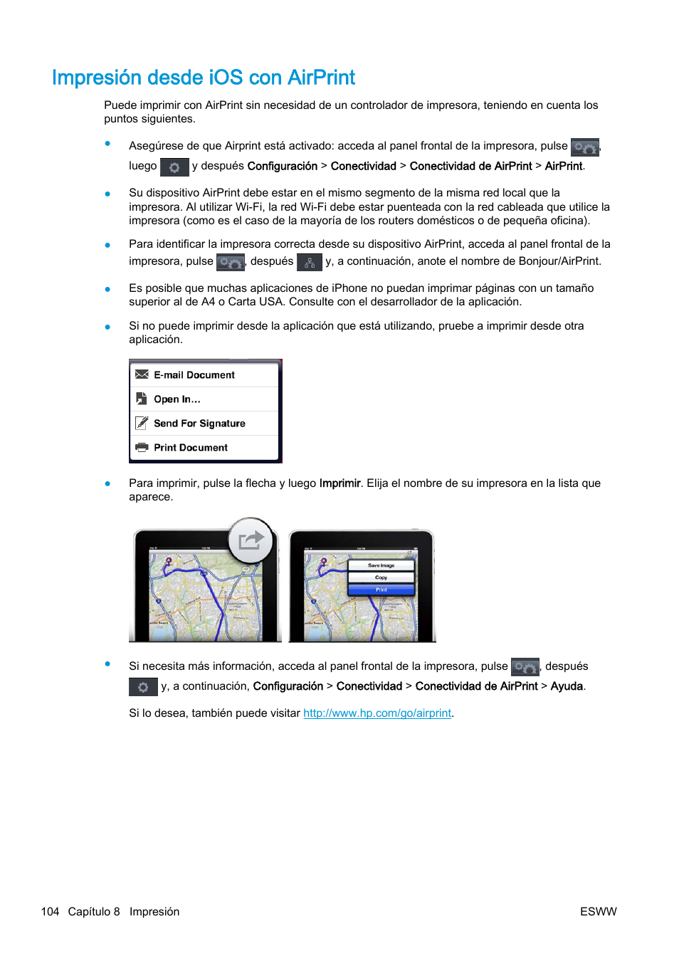 Impresión desde ios con airprint, Impresión desde ios | HP eMFP HP Designjet serie T2500 User Manual | Page 114 / 322