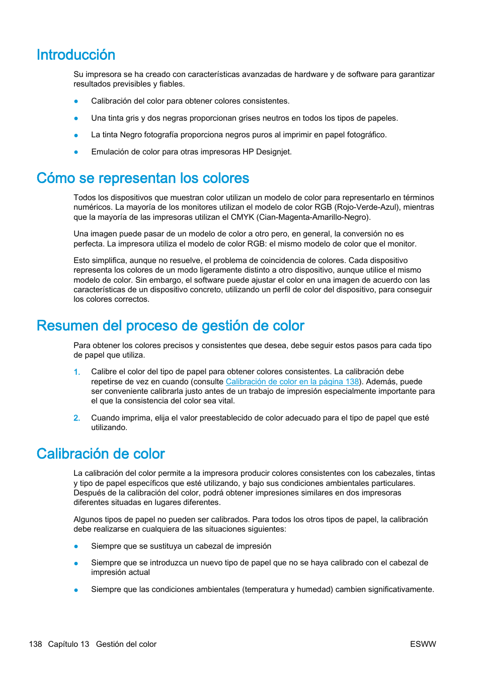 Introducción, Cómo se representan los colores, Resumen del proceso de gestión de color | Calibración de color | HP eMFP HP Designjet serie T2500 User Manual | Page 148 / 322