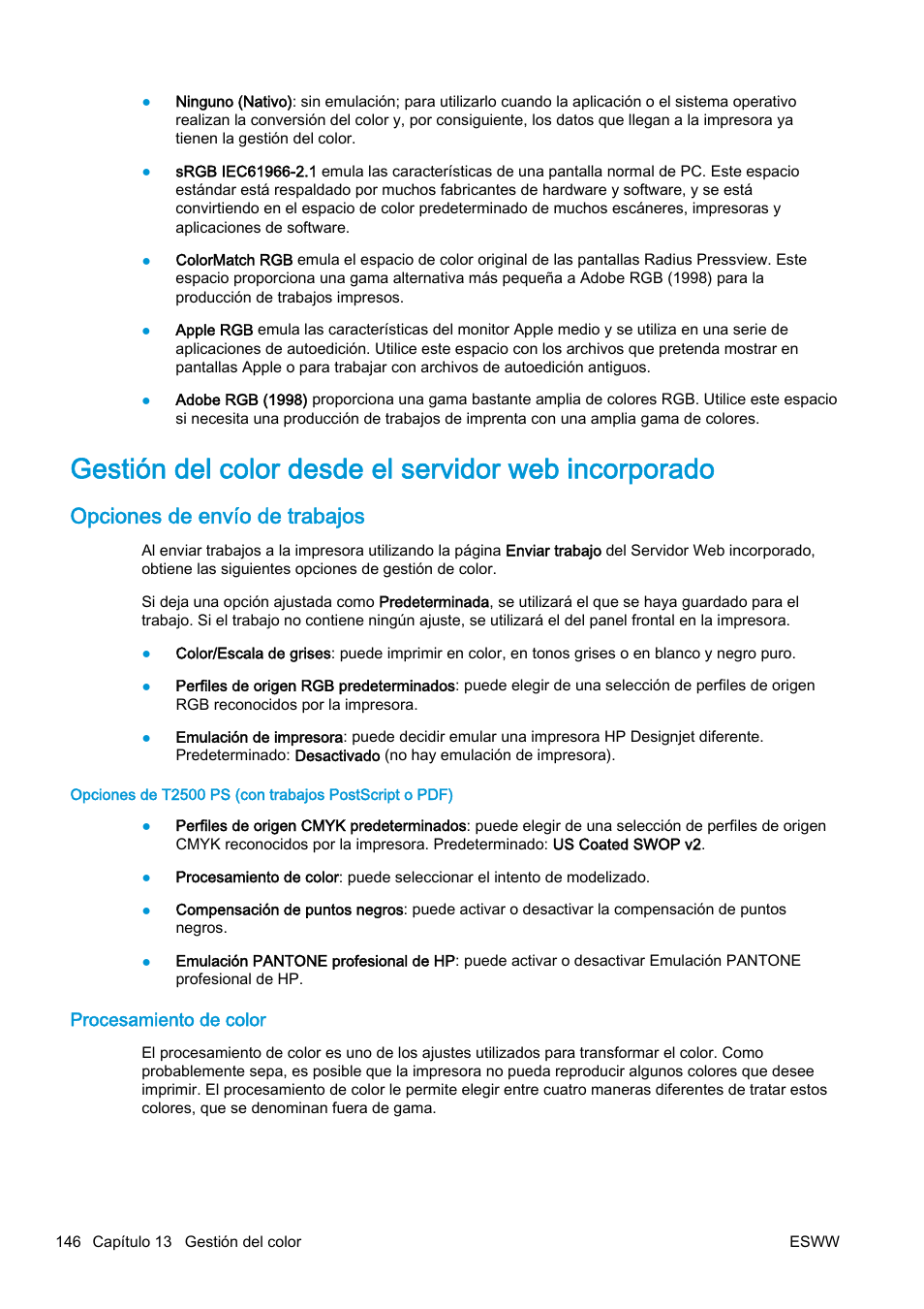 Opciones de envío de trabajos, Procesamiento de color | HP eMFP HP Designjet serie T2500 User Manual | Page 156 / 322