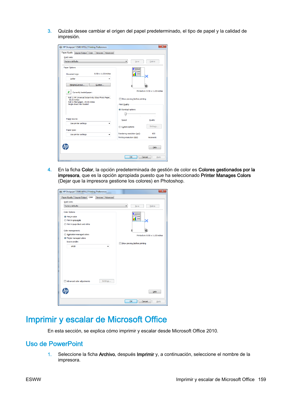 Imprimir y escalar de microsoft office, Uso de powerpoint | HP eMFP HP Designjet serie T2500 User Manual | Page 169 / 322