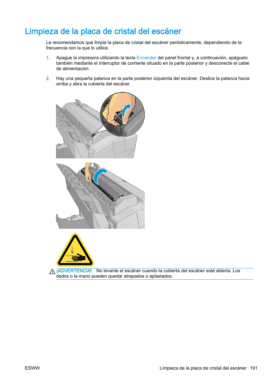 Limpieza de la placa de cristal del escáner | HP eMFP HP Designjet serie T2500 User Manual | Page 201 / 322