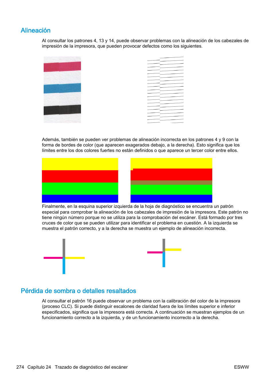 Alineación, Pérdida de sombra o detalles resaltados | HP eMFP HP Designjet serie T2500 User Manual | Page 284 / 322