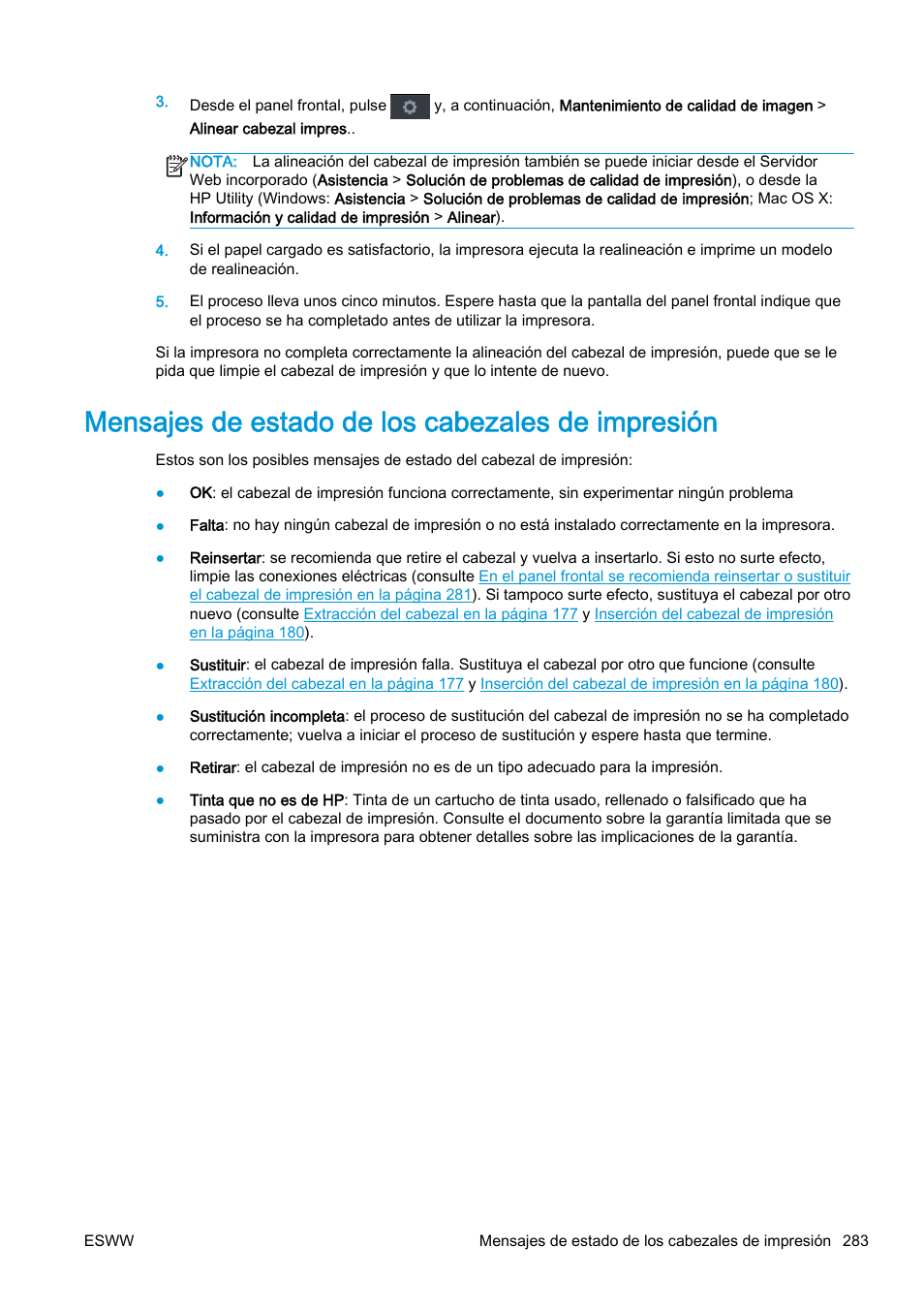 Mensajes de estado de los cabezales de impresión, Mensajes de | HP eMFP HP Designjet serie T2500 User Manual | Page 293 / 322