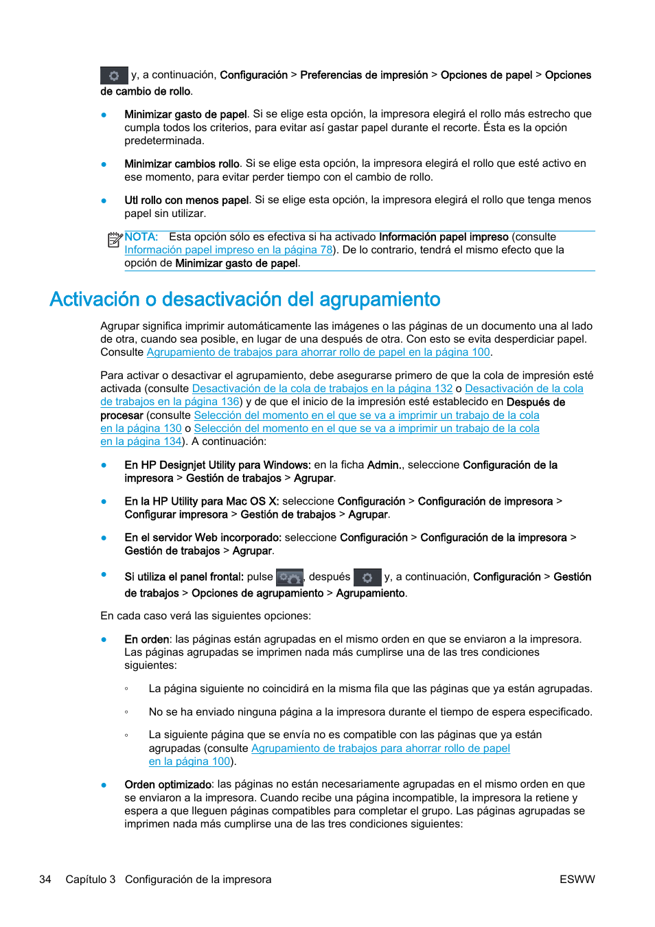 Activación o desactivación del agrupamiento | HP eMFP HP Designjet serie T2500 User Manual | Page 44 / 322