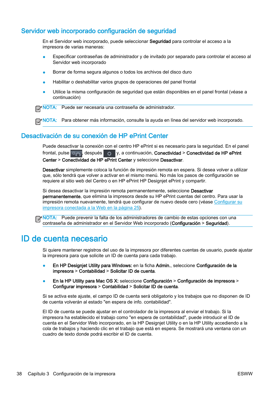 Desactivación de su conexión de hp eprint center, Id de cuenta necesario | HP eMFP HP Designjet serie T2500 User Manual | Page 48 / 322