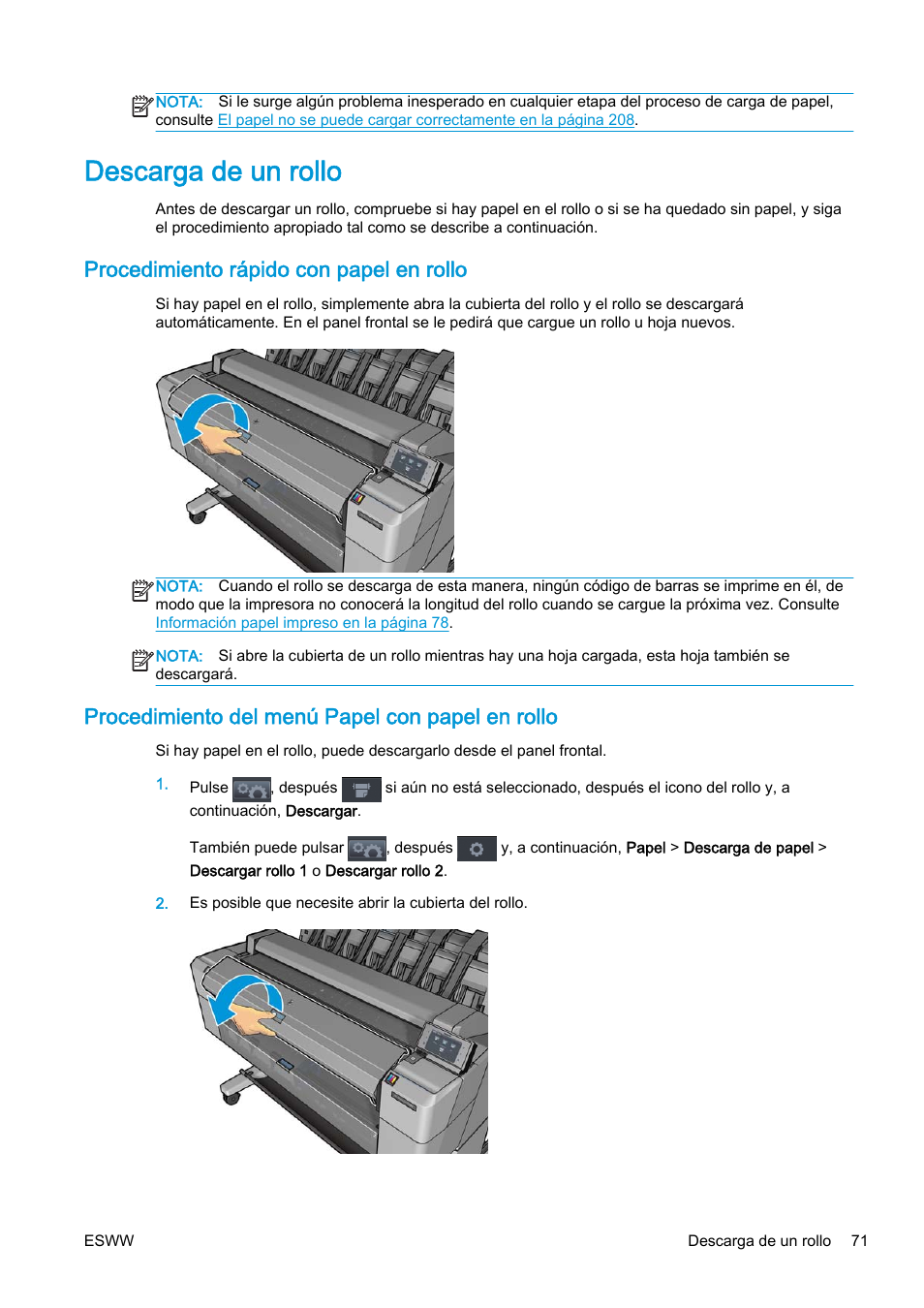 Descarga de un rollo, Procedimiento rápido con papel en rollo, Procedimiento del menú papel con papel en rollo | HP eMFP HP Designjet serie T2500 User Manual | Page 81 / 322