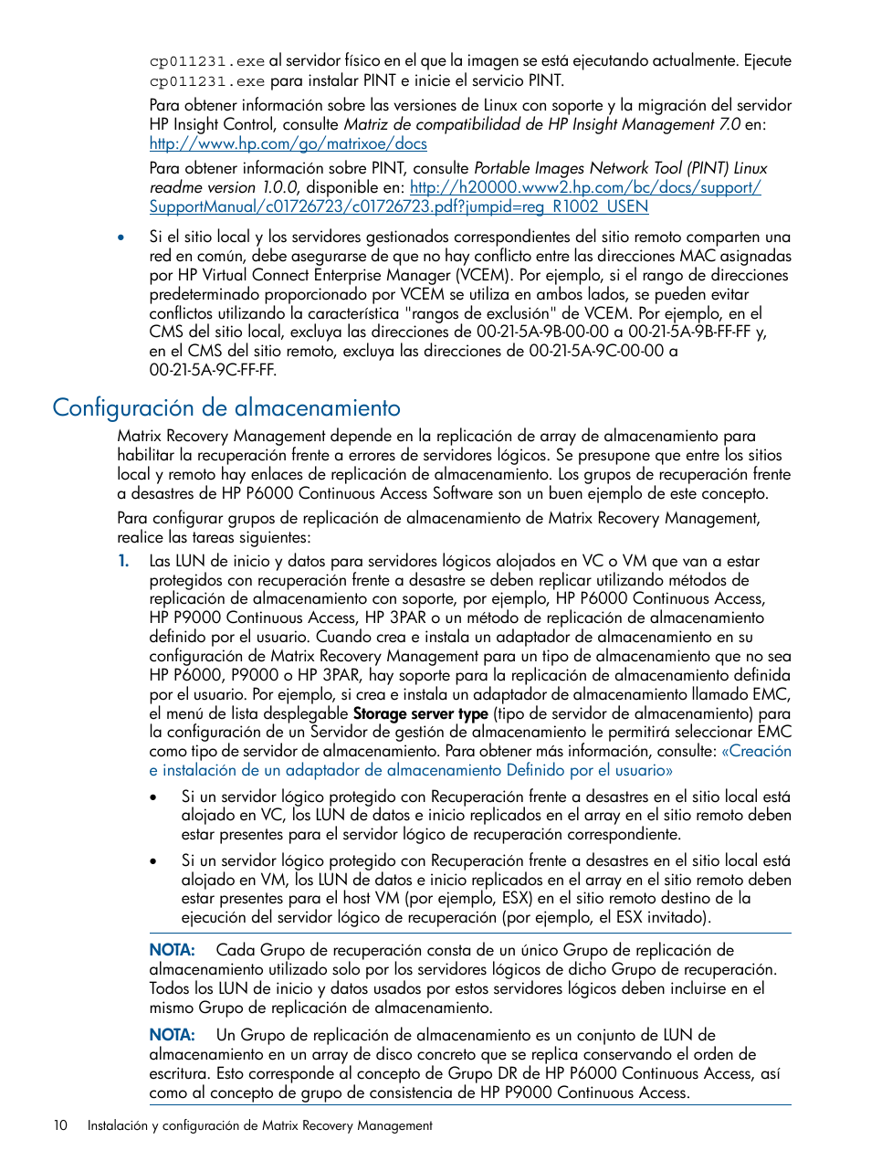 Configuración de almacenamiento, Configuración de | HP Software HP Matrix Operating Environment User Manual | Page 10 / 65