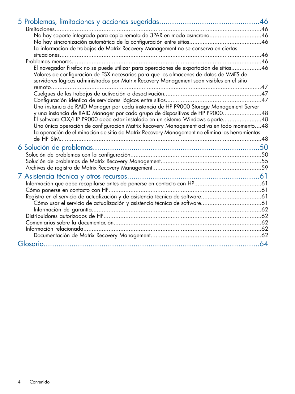 5 problemas, limitaciones y acciones sugeridas, 6 solución de problemas, 7 asistencia técnica y otros recursos | Glosario | HP Software HP Matrix Operating Environment User Manual | Page 4 / 65