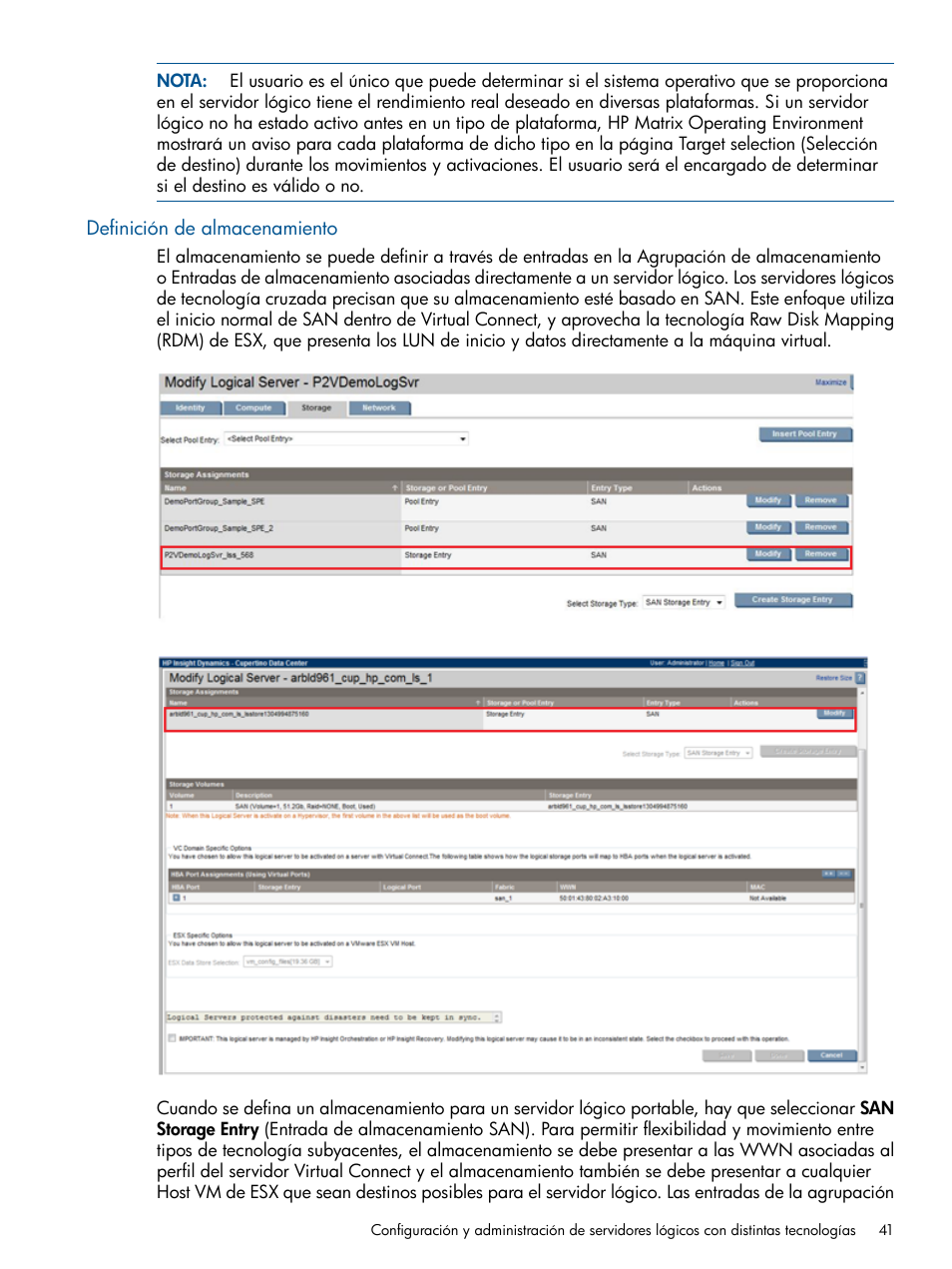 Definición de almacenamiento | HP Software HP Matrix Operating Environment User Manual | Page 41 / 65