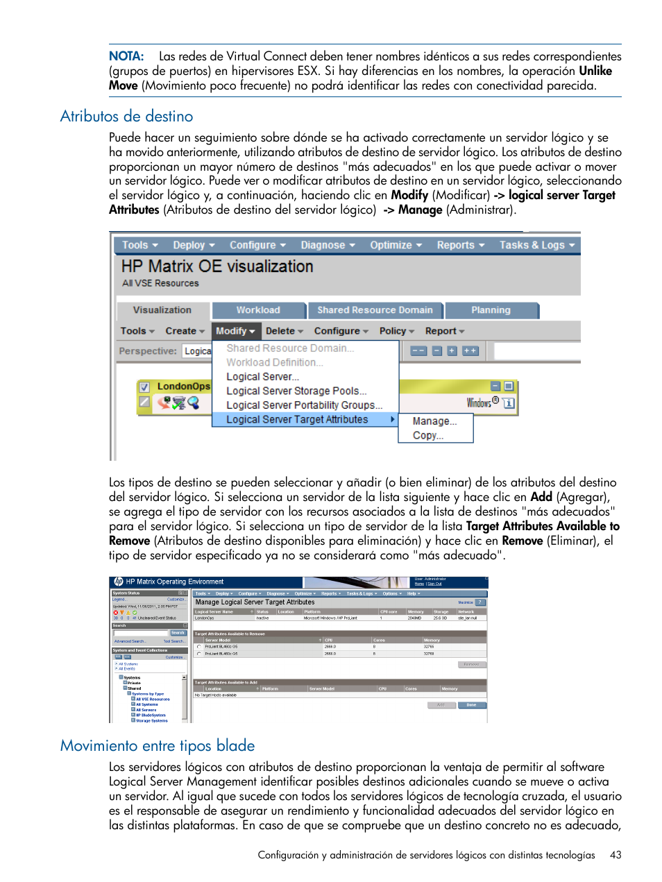 Atributos de destino, Movimiento entre tipos blade, Atributos de destino movimiento entre tipos blade | HP Software HP Matrix Operating Environment User Manual | Page 43 / 65